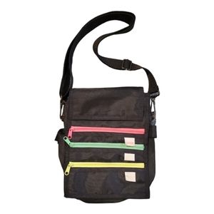 Black Nylon Crossbody Bag with Labeled Pockets